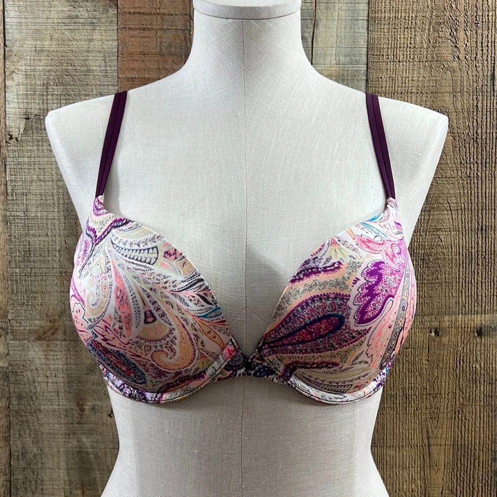 Victoria's Secret Purple Cream Printed Very Sexy Push Up T Shirt Bra Womens 32DD